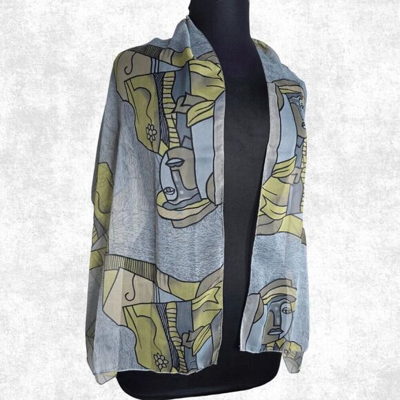 Sheer Abstract Art Scarf Wrap – Picasso Style Print – Lightweight Festival Layer - Picture 2 of 5